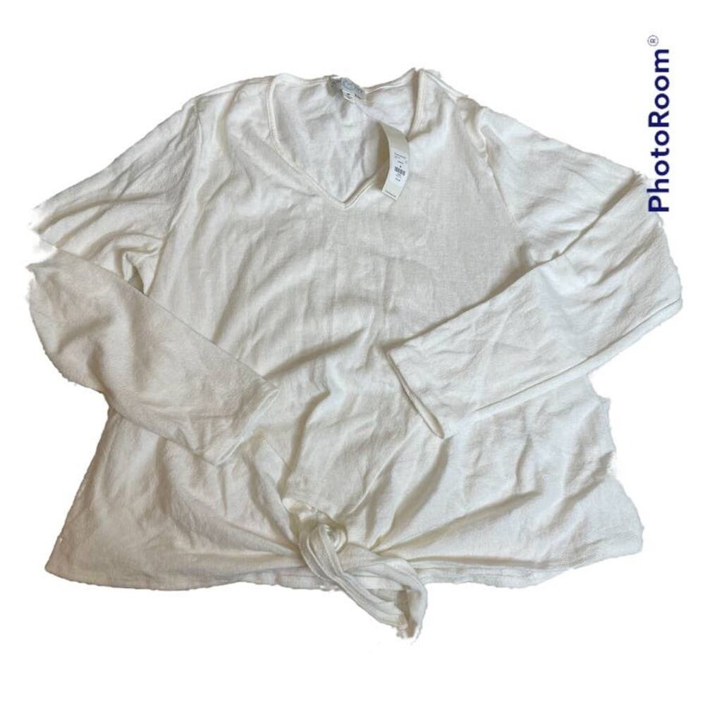 Francescas Jun & Ivy Ivory V Neck Tie Front Long Sleeve Casual Top Size M